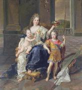 Painting of the Duchess of La Ferte-Senneterre with the future Louis XV on her lap (then styled the Duke of Anjou) and the Duke of Brittany standing n Francois de Troy